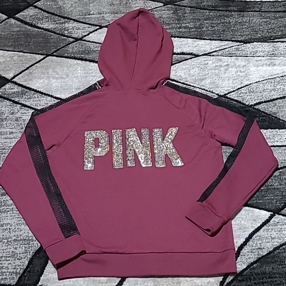 VS PINK 2018 MESH BLING SILVER SEQUINS LOGO FULL-ZIP HOODIE JACKET PRICE…